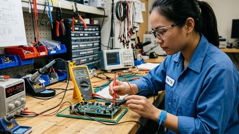 Kỹ thuật viên kết nối que đo vôn kế vào mạch điện theo đúng cực tính