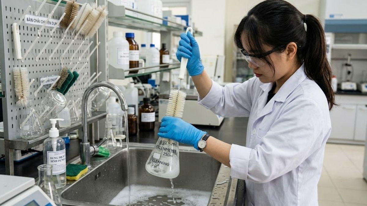 Quy trình thao tác vệ sinh bình tam giác bằng chổi lông chuyên dụng