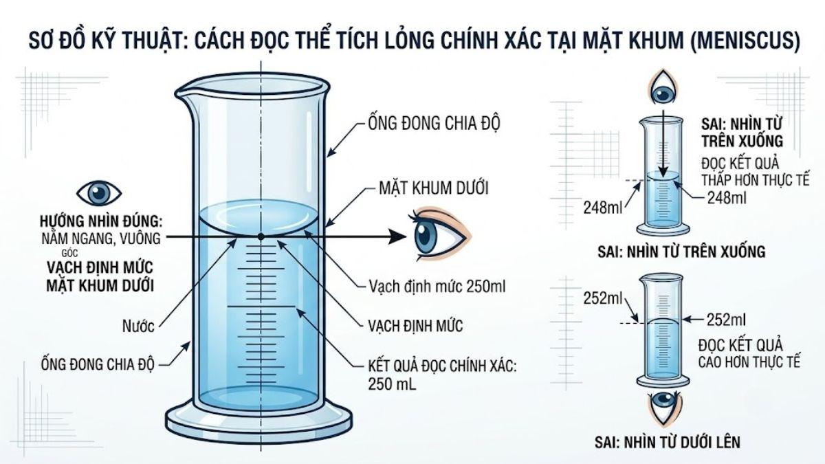Hướng dẫn kỹ thuật đặt mắt ngang tầm vạch chia của mặt khum chất lỏng để đọc kết quả
