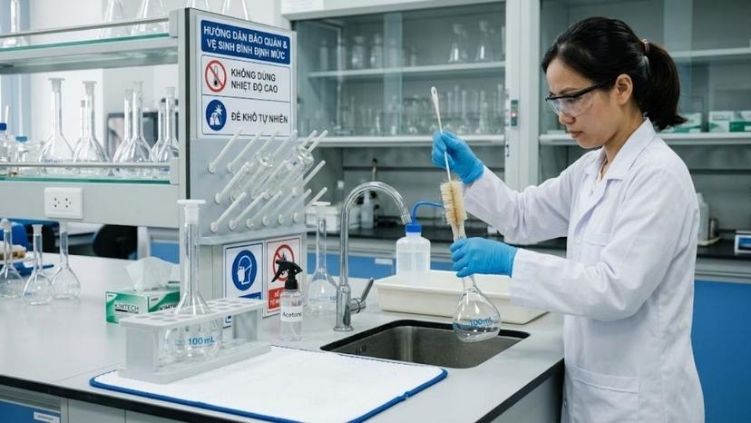 Giá úp bình định mức thủy tinh ráo nước trong phòng lab