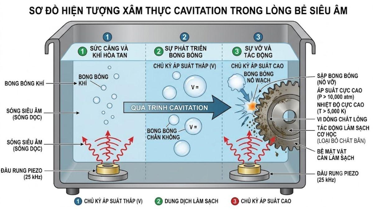 Sơ đồ mô tả hiện tượng xâm thực cavitation tạo bong bóng chân không trong lòng bể siêu âm