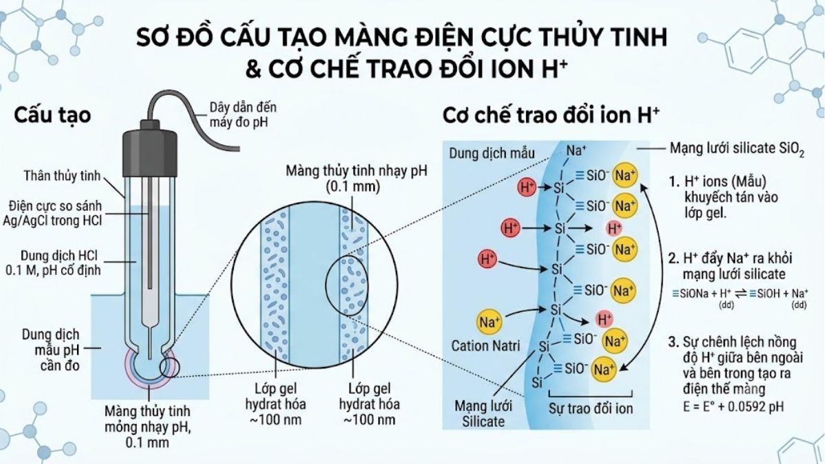 Sơ đồ cấu tạo màng điện cực thủy tinh và cơ chế trao đổi ion H+