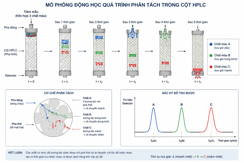 Mô phỏng động học quá trình phân tách các chất màu khác nhau bên trong cột HPLC