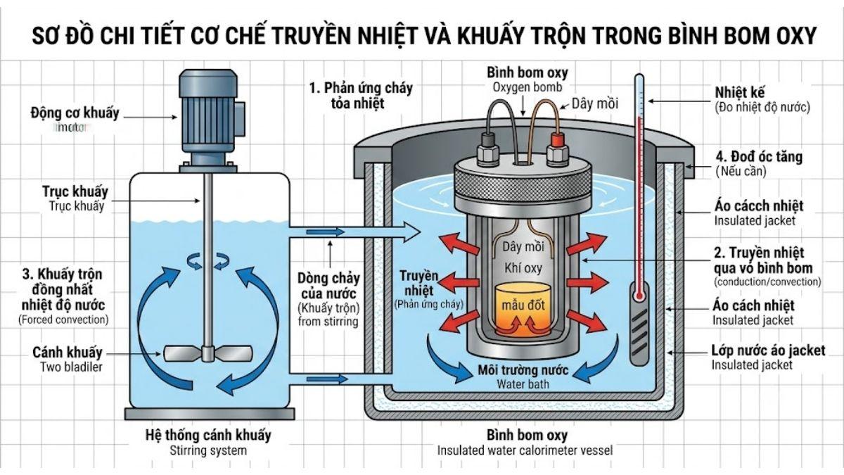 Sơ đồ chi tiết cơ chế truyền nhiệt từ bình bom oxy sang môi trường nước và hệ thống cánh khuấy