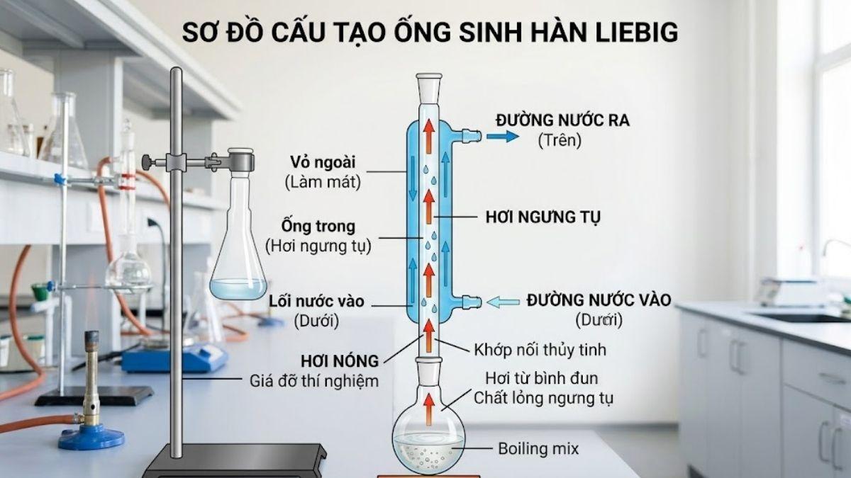 Sơ đồ cấu tạo ống sinh hàn Liebig và đường đi của dòng nước vào/ra