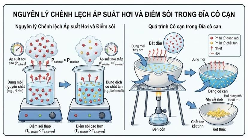 Nguyên lý chênh lệch áp suất hơi và điểm sôi giữa dung môi và chất tan trong đĩa cô cạn