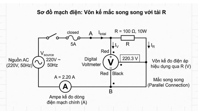Sơ đồ mạch điện minh họa vôn kế mắc song song với tải R