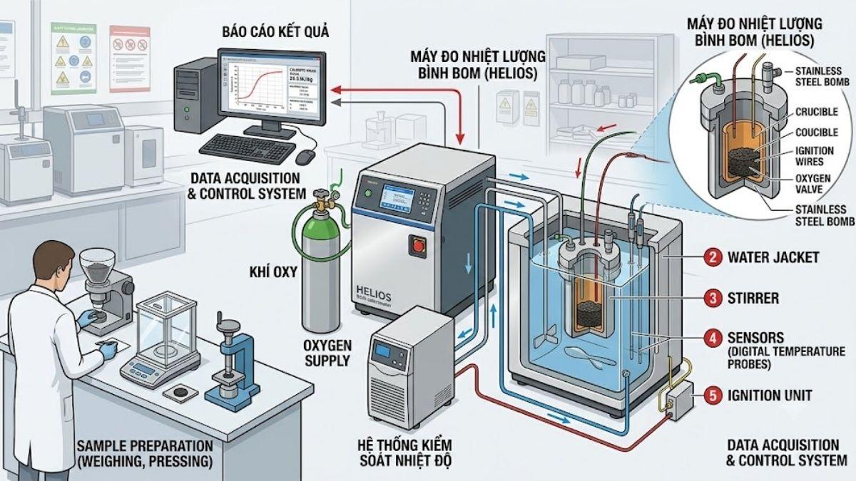Sơ đồ tổng thể thiết bị nhiệt lượng kế bình bom hiện đại trong phòng lab kiểm nghiệm than