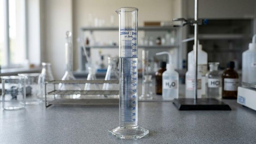 Hình ảnh chi tiết ống đong thủy tinh Borosilicate 3.3 vạch chia xanh rõ nét trên đế hình lục giác