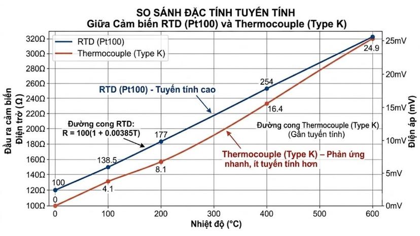 Đồ thị so sánh đặc tính tuyến tính giữa cảm biến RTD và cảm biến Thermocouple