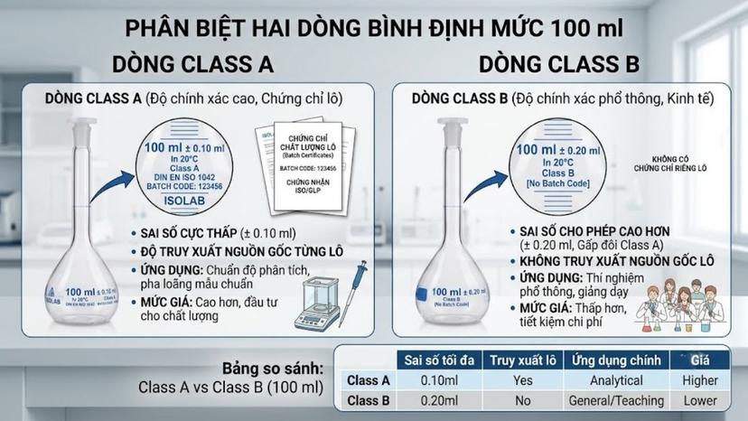 Phân biệt hai dòng bình định mức Class A chứng chỉ lô và Class B phổ thông