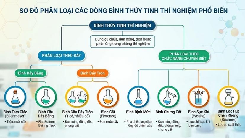 Sơ đồ phân loại các dòng bình thủy tinh thí nghiệm phổ biến