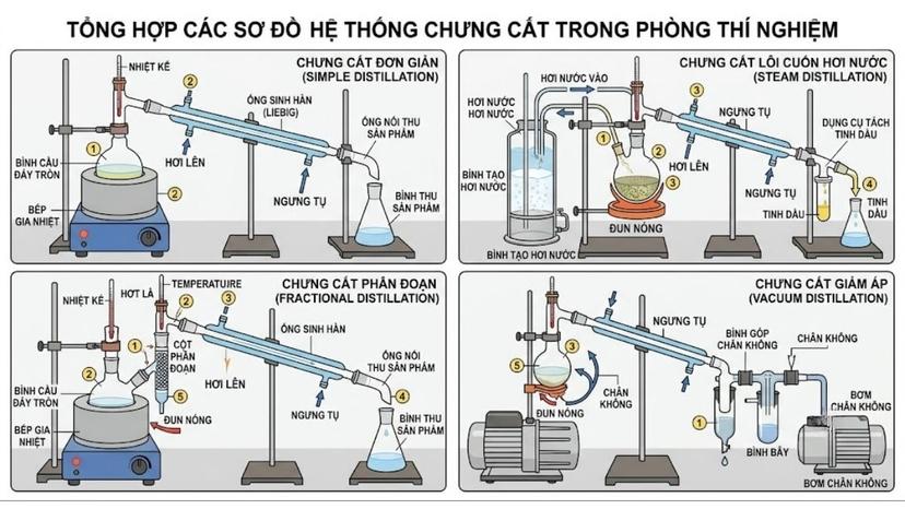 Tổng hợp các sơ đồ hệ thống chưng cất trong phòng thí nghiệm
