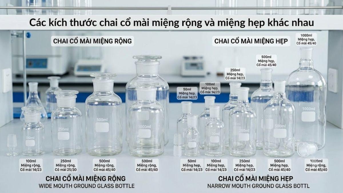 Các kích thước chai cổ mài miệng rộng và miệng hẹp khác nhau