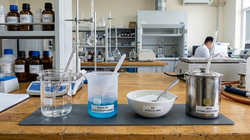 So sánh các bề mặt vật liệu thủy tinh borosilicate, nhựa PP, sứ và inox trong phòng lab