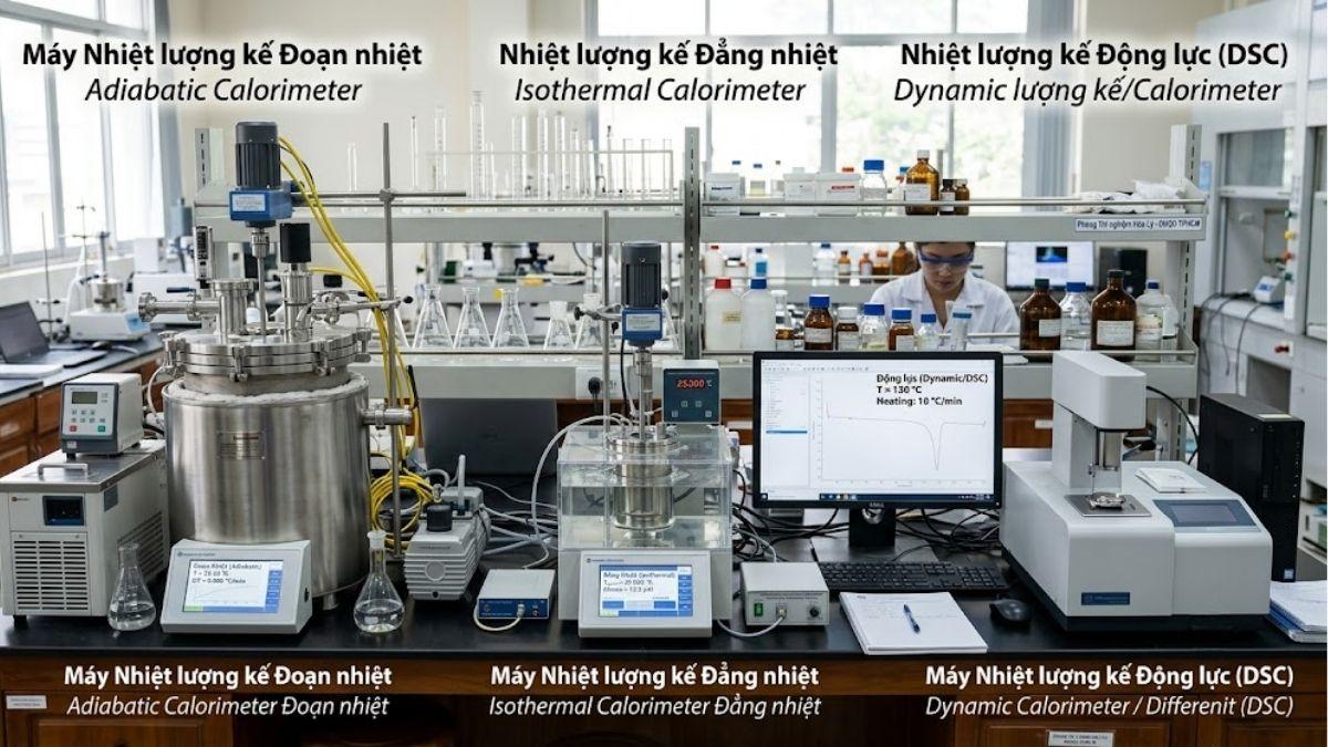 Hình ảnh thực tế ba dòng máy nhiệt lượng kế đoạn nhiệt, đẳng nhiệt và động lực
