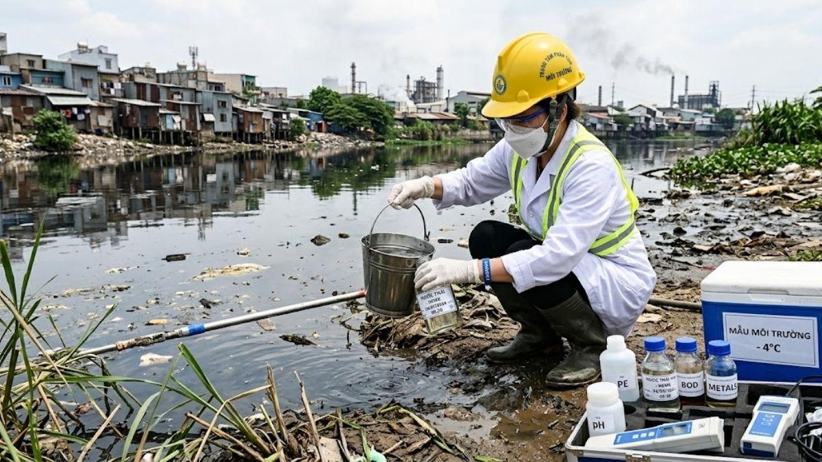 Kỹ thuật viên phòng thí nghiệm lấy mẫu phân tích các chỉ tiêu ô nhiễm môi trường