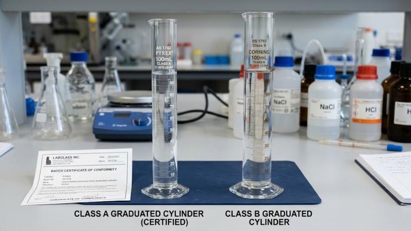So sánh ống đong thủy tinh Class A có chứng nhận lô và Class B