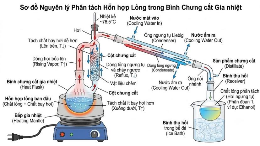 Sơ đồ nguyên lý phân tách hỗn hợp lỏng trong bình chưng cất gia nhiệt