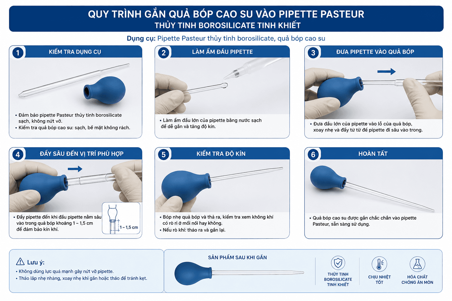 Quy trình gắn quả bóp cao su vào pipette Pasteur thủy tinh borosilicate tinh khiết