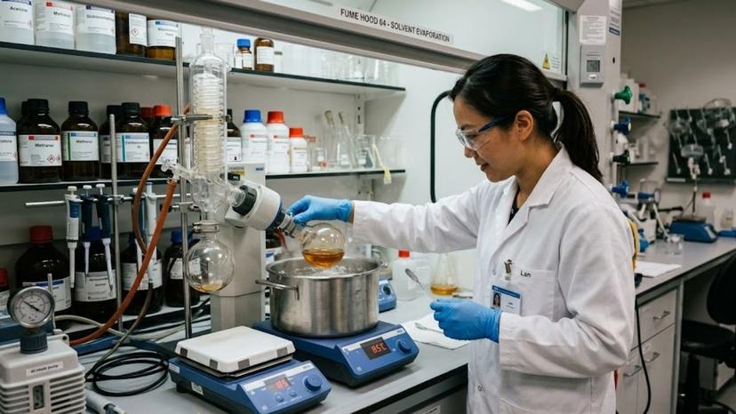 Kỹ sư phòng lab đang thực hiện thao tác cô cạn dung dịch trên bếp cách thủy