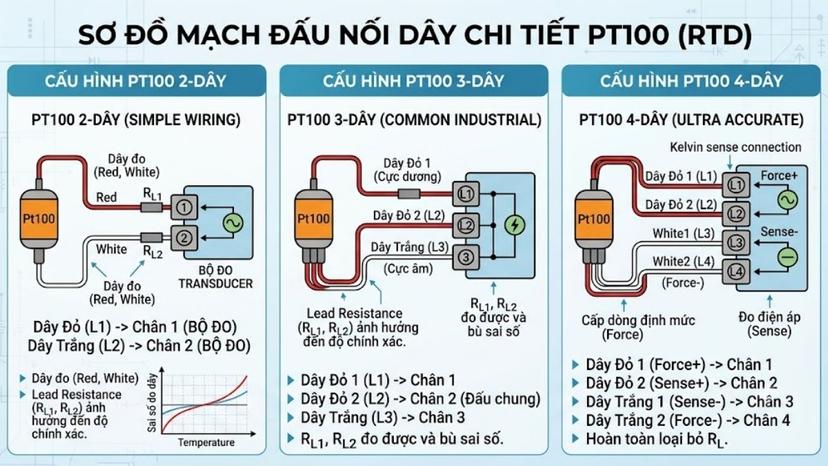 Sơ đồ mạch đấu nối dây chi tiết của cấu hình Pt100 2 dây, 3 dây và 4 dây