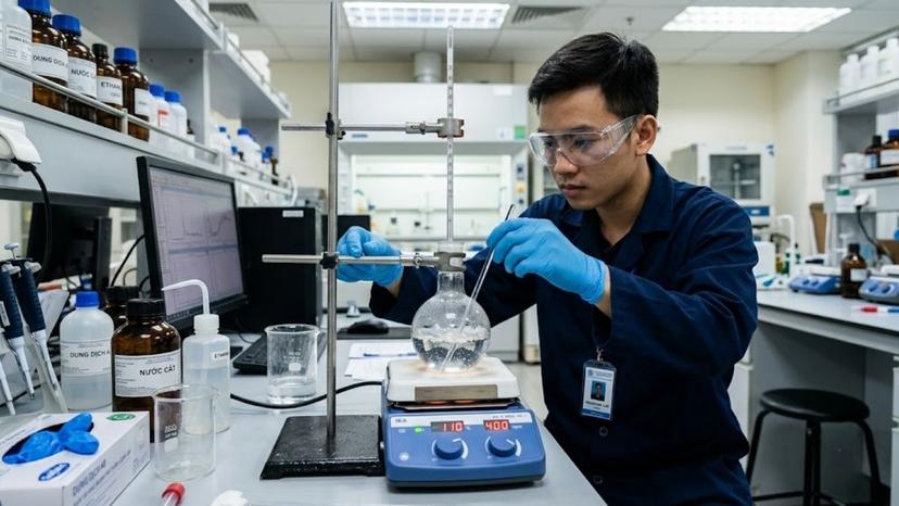 Kỹ thuật viên đeo kính bảo hộ thao tác gia nhiệt bình cầu đáy bằng trên bếp điện