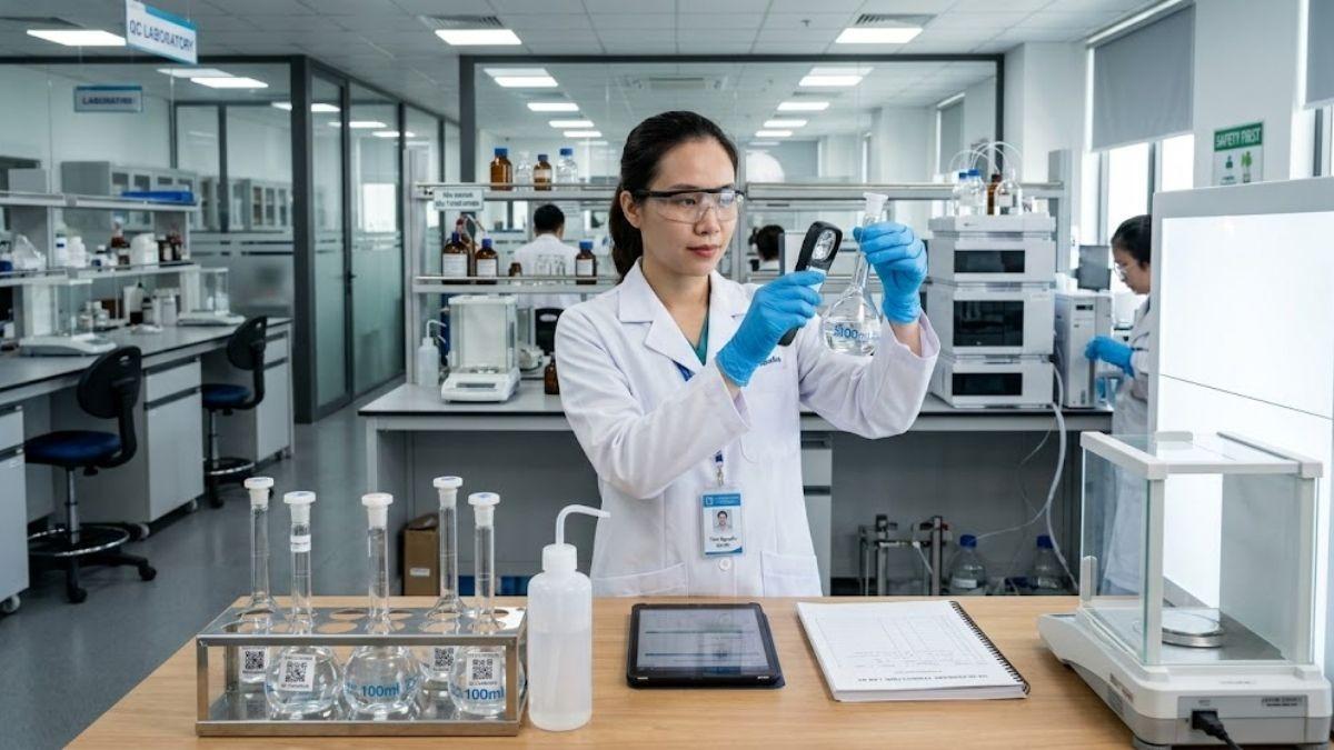 Kỹ thuật viên đeo kính bảo hộ thao tác nạp khí oxy cao áp vào bình bom
