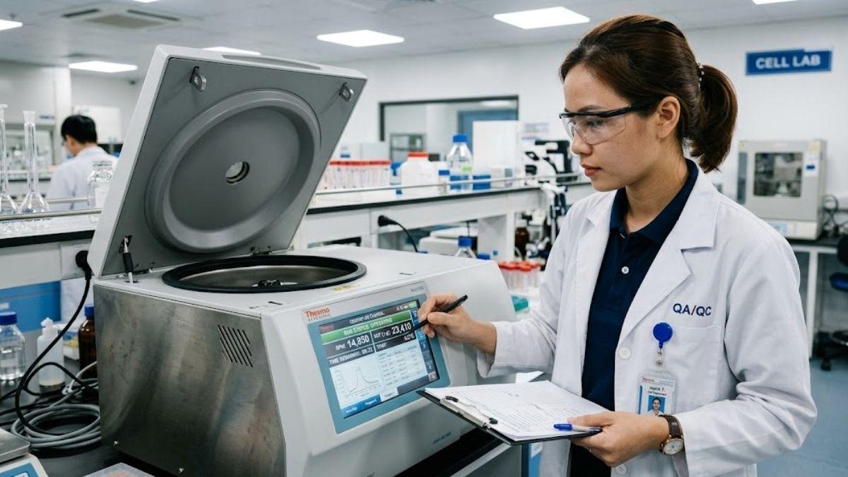Kỹ sư QA kiểm tra bảng điều khiển kỹ thuật số hiển thị RPM và RCF của máy ly tâm