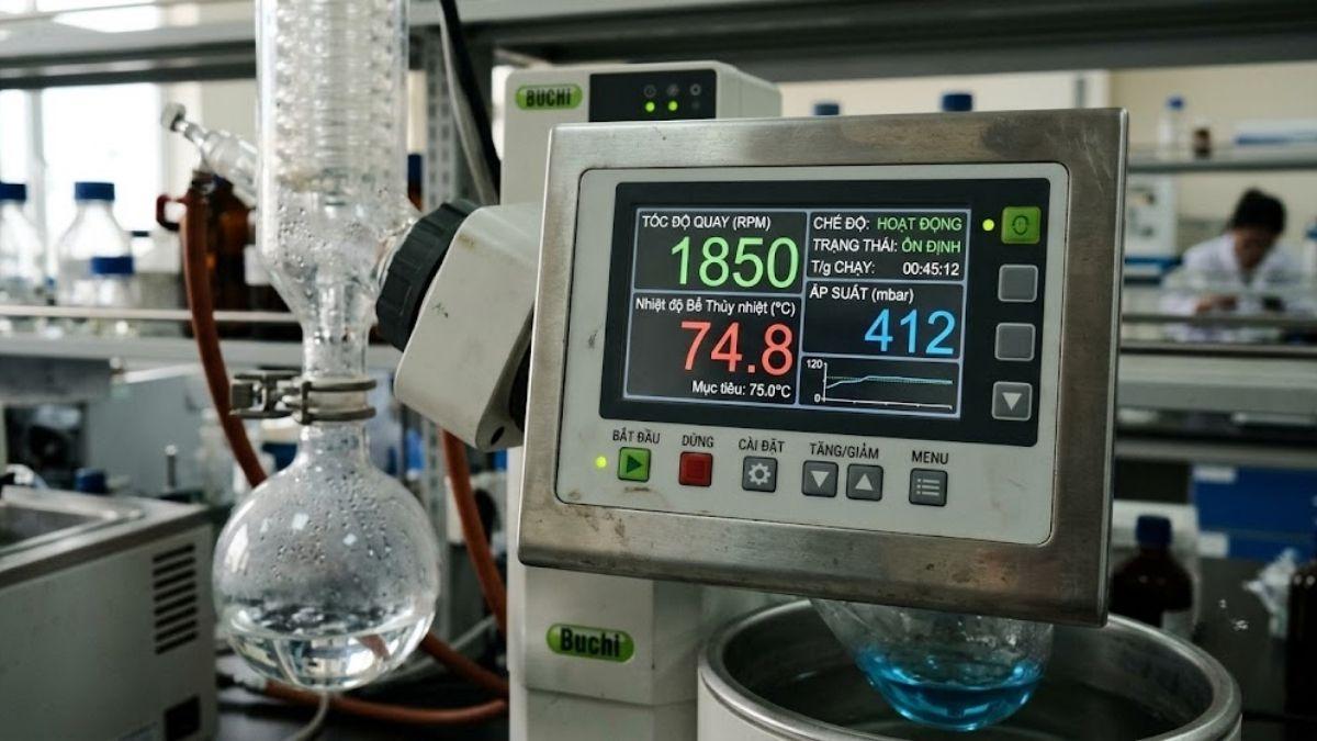Bảng điều khiển kỹ thuật số hiển thị tốc độ quay rpm, nhiệt độ bể thủy nhiệt °C và áp suất mbar