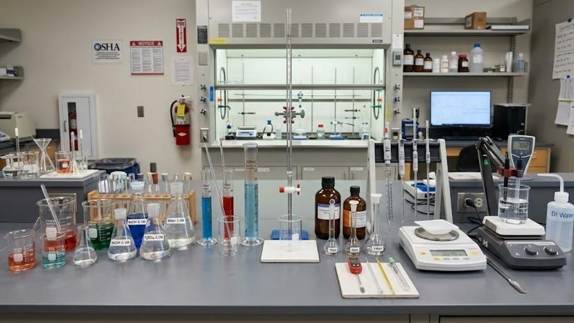 Tổng quan các loại dụng cụ thủy tinh và thiết bị đo lường xếp trên bàn lab đạt chuẩn