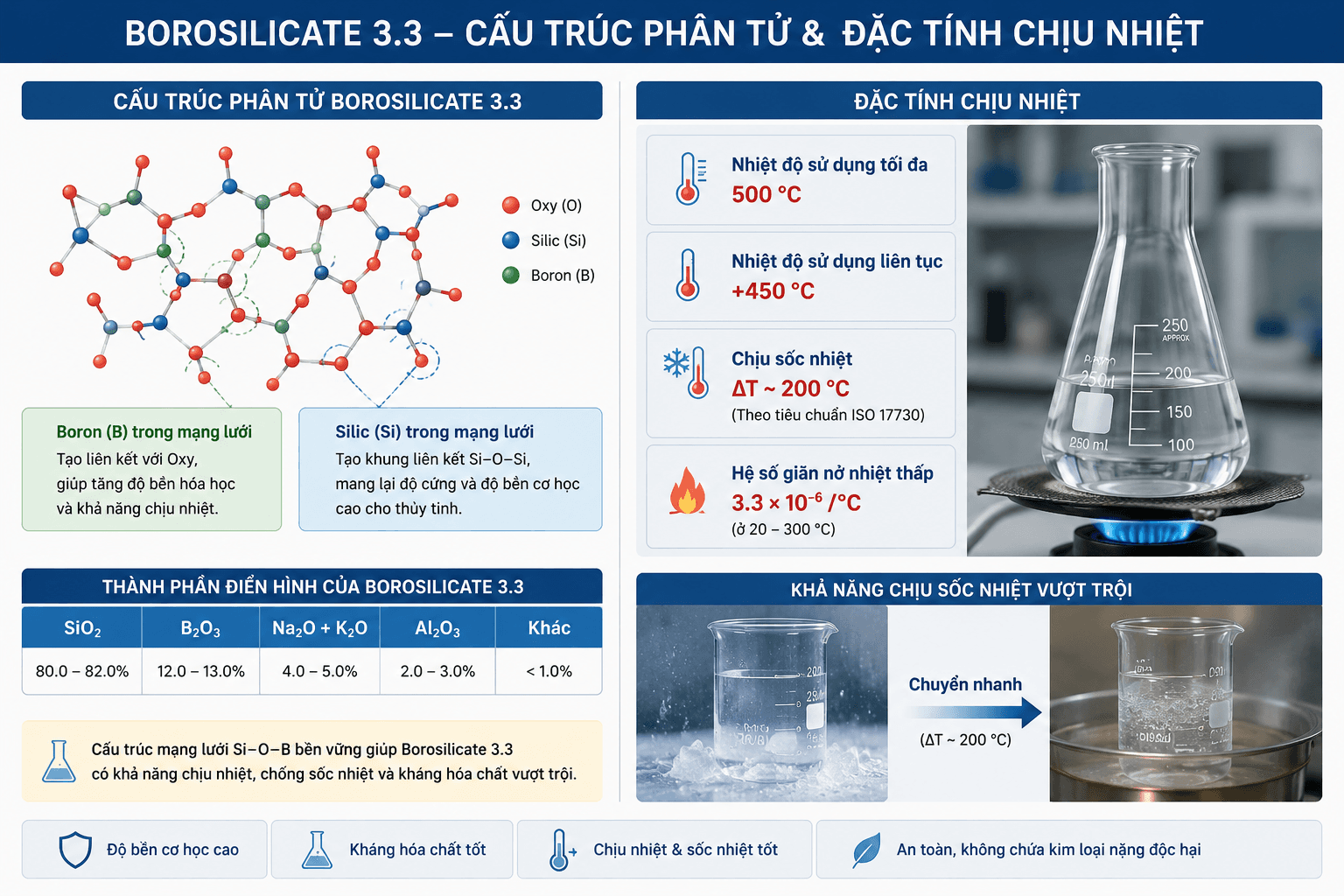 Cấu trúc phân tử và đặc tính chịu nhiệt của thủy tinh Borosilicate 3.3