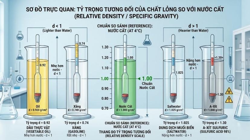 Sơ đồ mô tả trực quan khái niệm tỷ trọng tương đối của chất lỏng so với nước cất