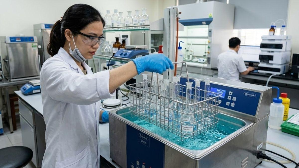 Kỹ thuật viên thao tác đặt rổ chứa dụng cụ thủy tinh định mức vào bể siêu âm
