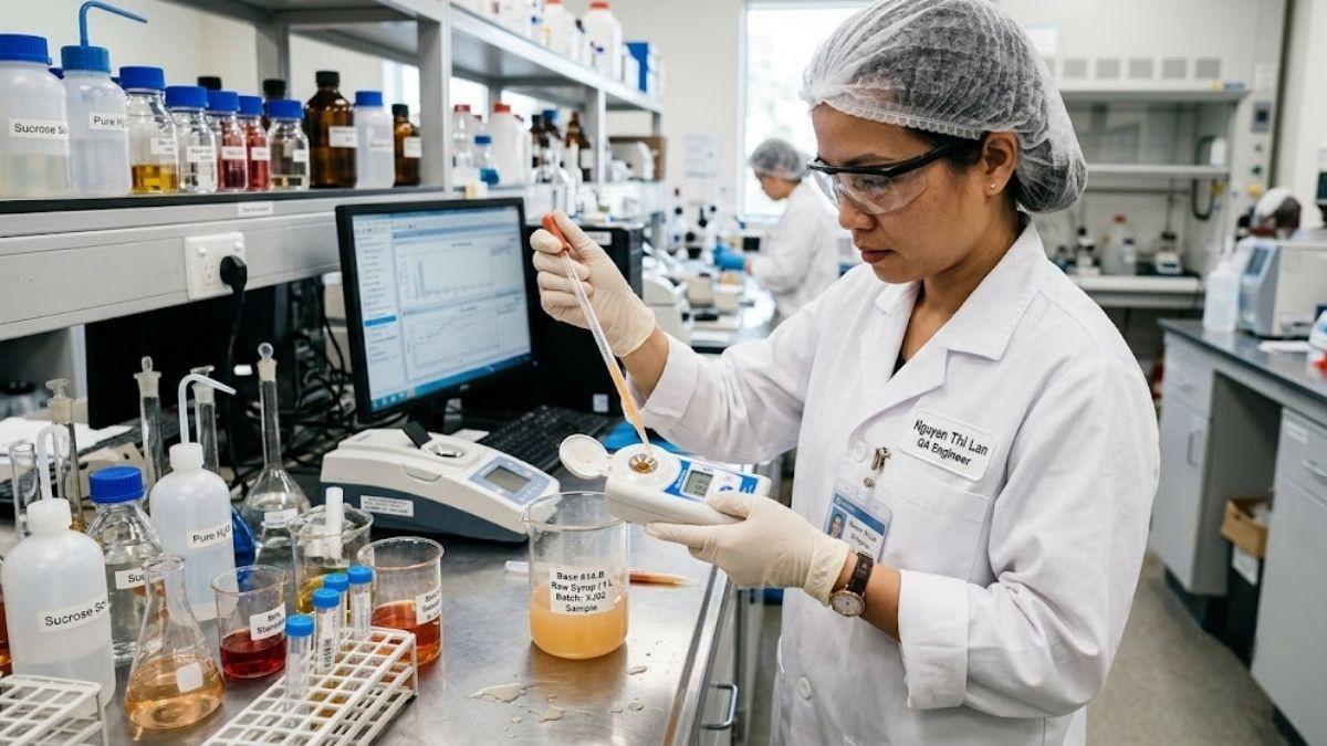 Kỹ sư phòng lab sử dụng khúc xạ kế kiểm tra độ Brix của nguyên liệu sản xuất nước giải khát