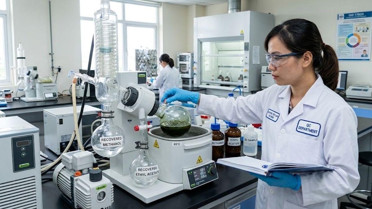 Kỹ sư phòng QC thao tác cô quay dung môi thu hồi Methanol và Ethyl Acetate