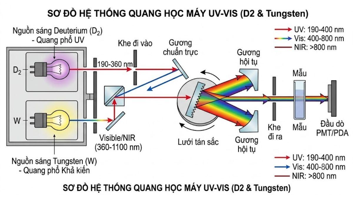Kỹ thuật viên thao tác kiểm tra mẫu trên máy quang phổ trong phòng lab dược phẩm