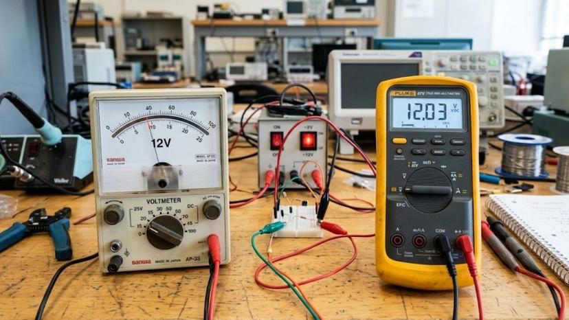So sánh vôn kế kim analog và vôn kế hiện số digital multimeter trong phòng lab