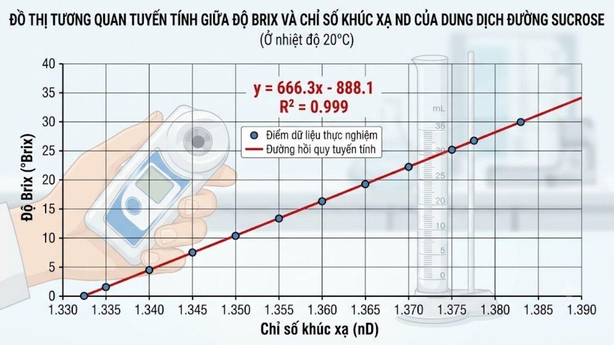 Đồ thị tương quan tuyến tính giữa độ brix và chỉ số khúc xạ nD của dung dịch đường sucrose