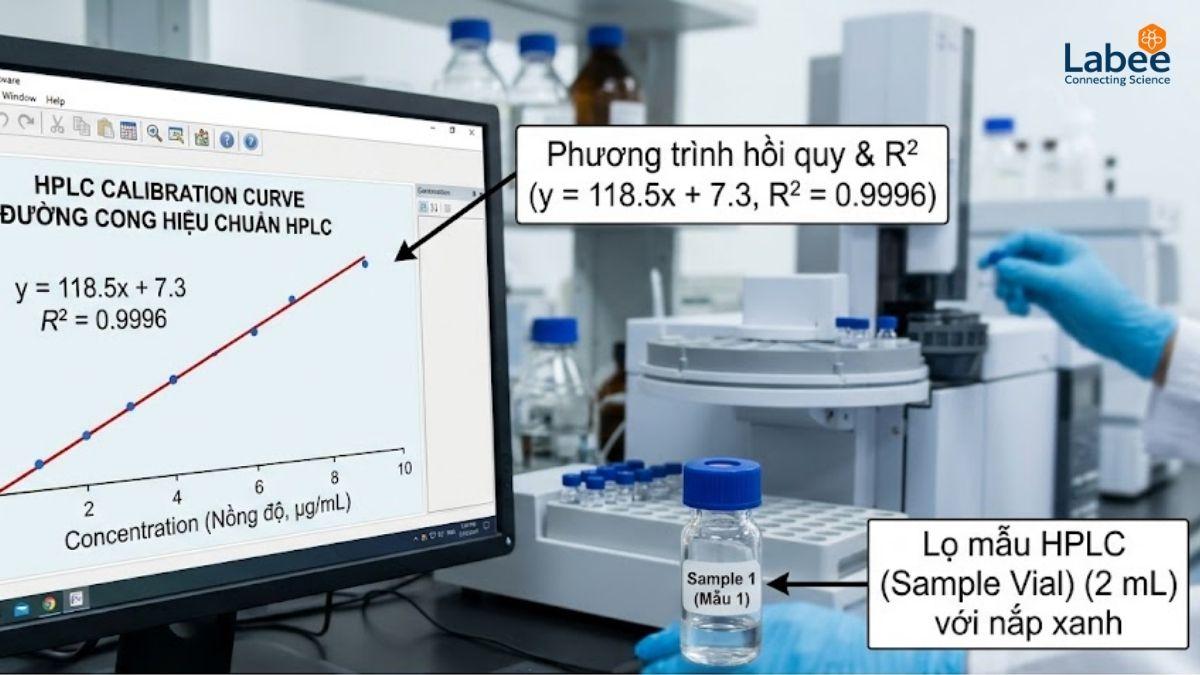 Biểu đồ đường cong hiệu chuẩn của máy sắc ký lỏng hiệu năng cao HPLC và một lọ sample vial
