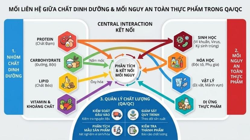 Biểu đồ thể hiện mối liên hệ giữa các nhóm chất dinh dưỡng và các mối nguy an toàn thực phẩm trong quản lý chất lượng