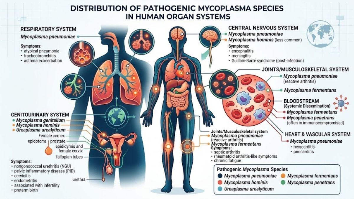 Bản đồ phân bố các chủng Mycoplasma gây bệnh trên các hệ cơ quan của người