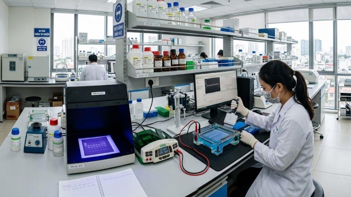 Toàn cảnh thiết bị chạy điện di trong phòng thí nghiệm hiện đại