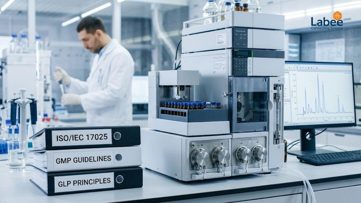 Bộ tài liệu các tiêu chuẩn ISO 17025, GMP, GLP đặt cạnh một hệ thống máy phân tích hiện đại