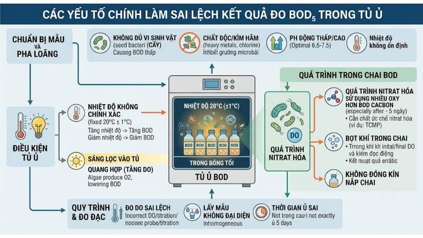 Sơ đồ các yếu tố chính làm sai lệch kết quả đo BOD5 trong tủ ủ