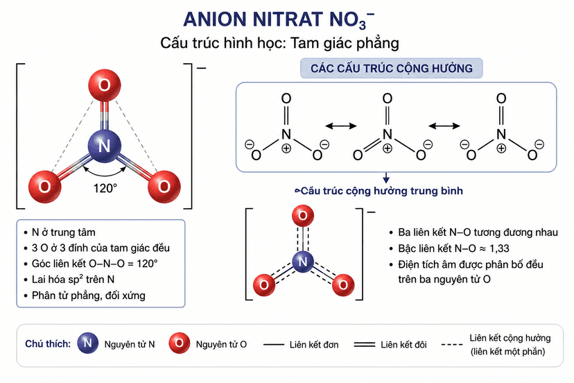 Cấu trúc hình học phân tử anion Nitrat NO3- dạng tam giác phẳng với các liên kết cộng hưởng