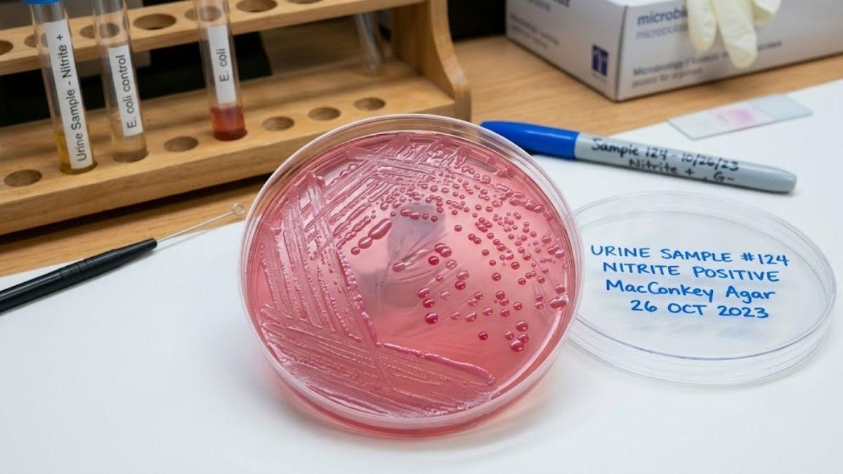Đĩa thạch nuôi cấy vi khuẩn Gram âm từ mẫu nước tiểu dương tính với chỉ số Nitrite