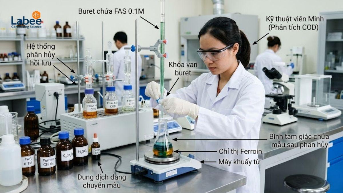 Kỹ thuật viên phòng lab đang tiến hành chuẩn độ dung dịch đo COD trong nước thải