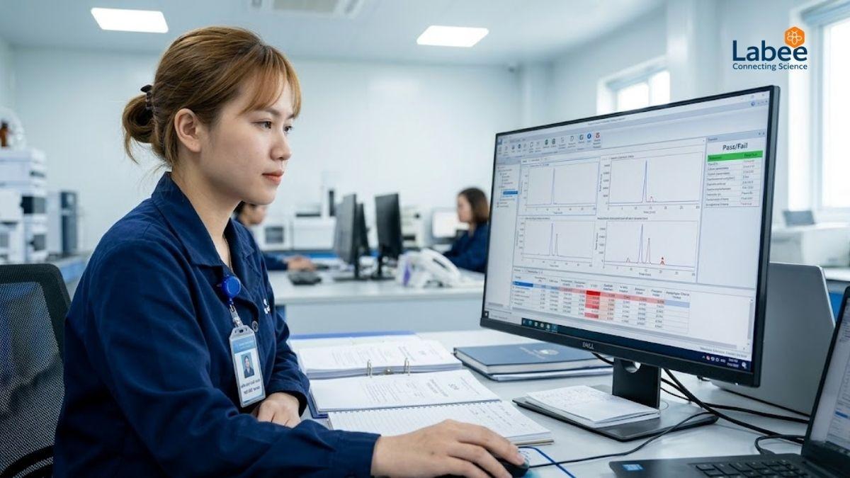 Cận cảnh một chuyên viên QA/QC đang kiểm tra hồ sơ dữ liệu phân tích sắc ký trên màn hình máy tính