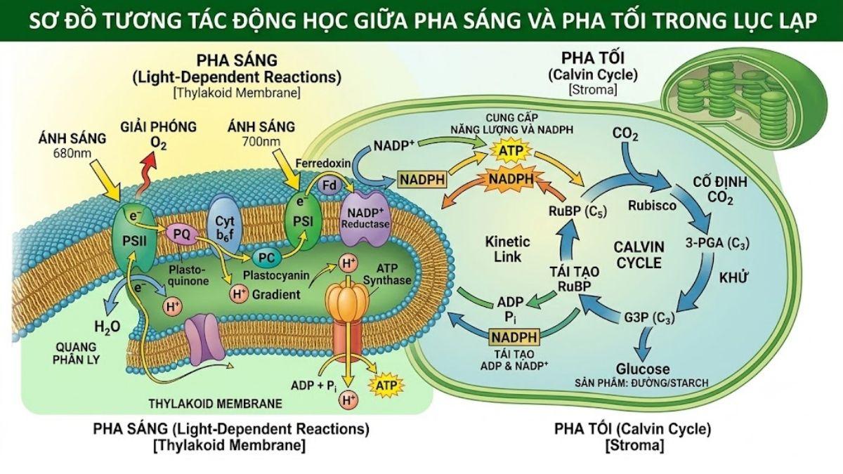 Sơ đồ tương tác động học giữa pha sáng trên màng thylakoid và pha tối trong stroma lục lạp
